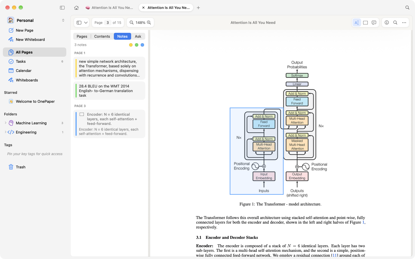 The PDF reader with highlights, a boxed figure and the Notes pane